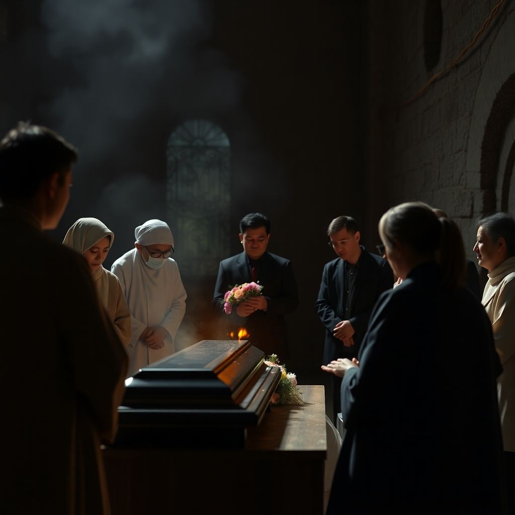 A photorealistic image depicting a respectful cremation ceremony.  Focus on a dignified setting, perhaps a small, intimate gathering of family and friends.  The image should evoke feelings of peace and respect. Avoid showing any graphic elements. The image should emphasize compassion and the solemnity of the occasion.