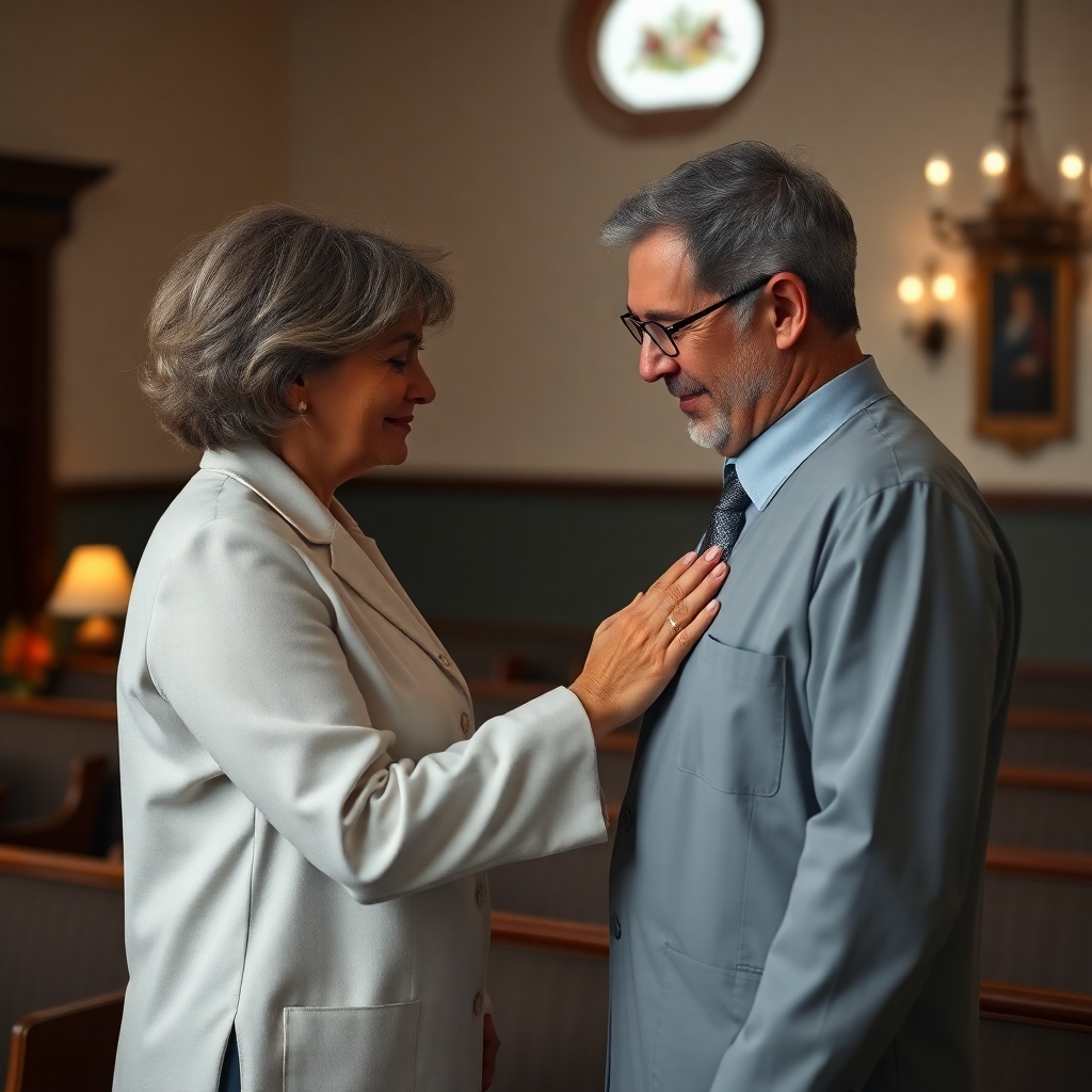 A photorealistic image depicting a compassionate funeral director offering a comforting hand to a grieving family member. The setting should be a serene, tastefully decorated chapel with soft lighting.  Focus on the gentle interaction and emotional connection, with subtle background details suggesting peace and support. High resolution, cinematic lighting, and realistic textures are essential.