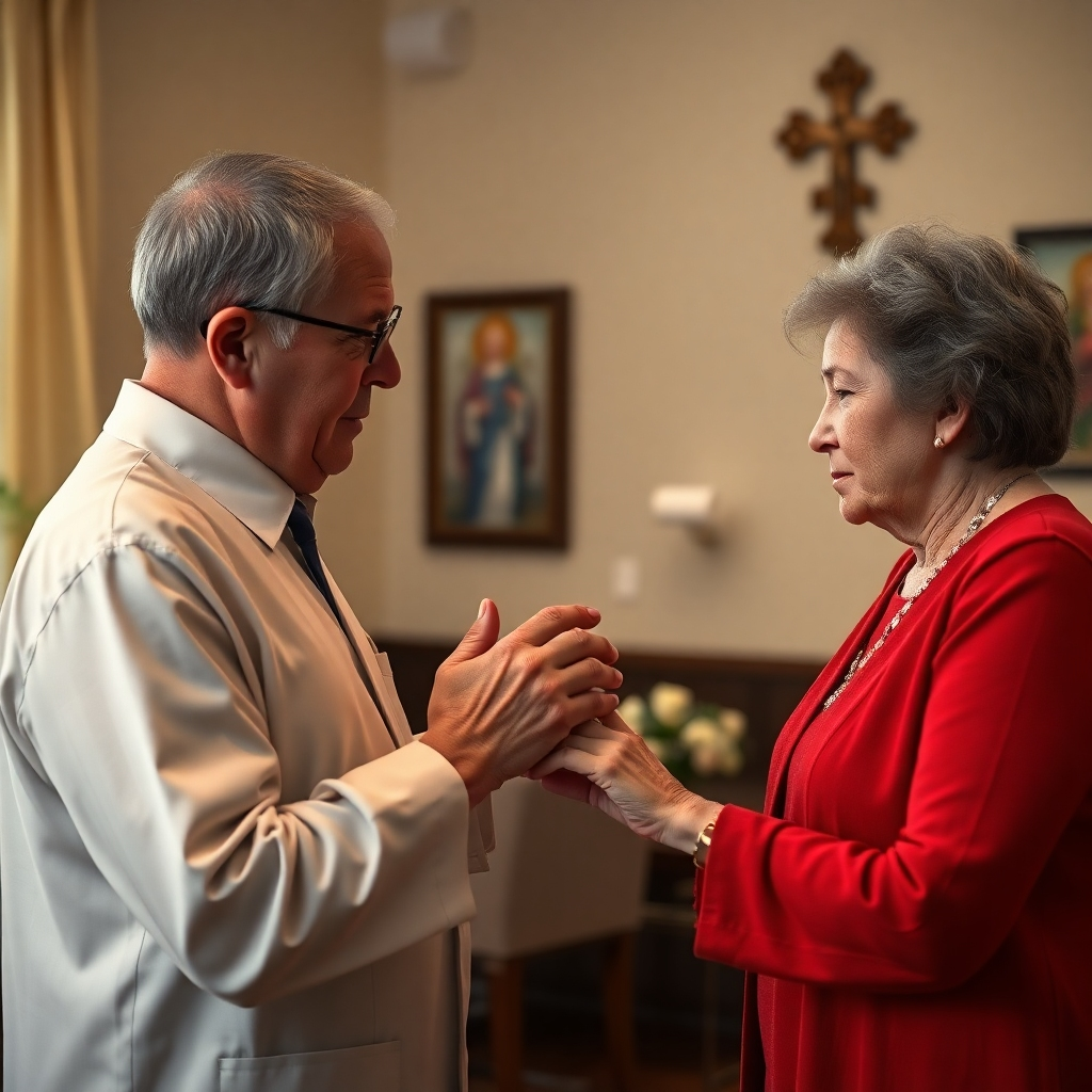 A photorealistic image depicting a compassionate funeral director gently holding the hand of a grieving widow, offering comfort in a softly lit, quiet room.  The room should have subtle religious or spiritual symbols, suggesting peace and tranquility. High resolution, detailed textures, natural lighting.