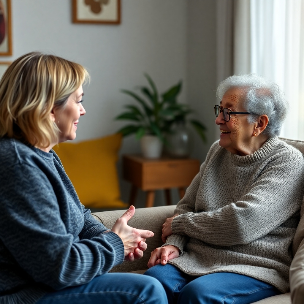 A photorealistic image of a grief counselor attentively listening to a family member sharing memories and feelings in a comfortable, supportive setting. The image should convey empathy, understanding, and a sense of hope.  The background should be slightly blurred to focus on the interaction.  High resolution, detailed textures, natural lighting.