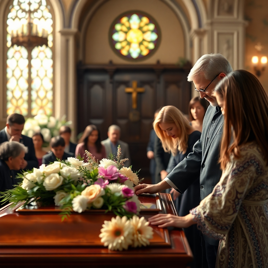 A photorealistic image of a heartfelt funeral ceremony taking place in a beautiful chapel.  The scene should emphasize the emotional connection between the mourners and the deceased, perhaps showing a close-up of a loved one placing flowers on a casket. Focus on natural lighting, emotional expressions, and serene atmosphere. High resolution, detailed textures.