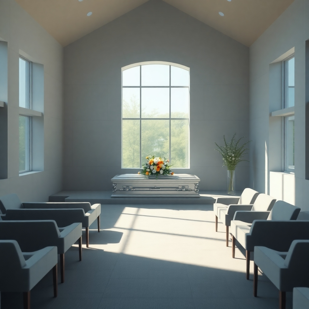 A photorealistic image of a modern, bright, and peaceful funeral chapel. Sunlight streams through large windows illuminating a simple, elegant casket with fresh flowers.  The chapel should have comfortable seating and a calming color palette (e.g., soft blues, grays, and whites). The overall mood should be one of serenity and respect.  Focus on natural light and peaceful details.