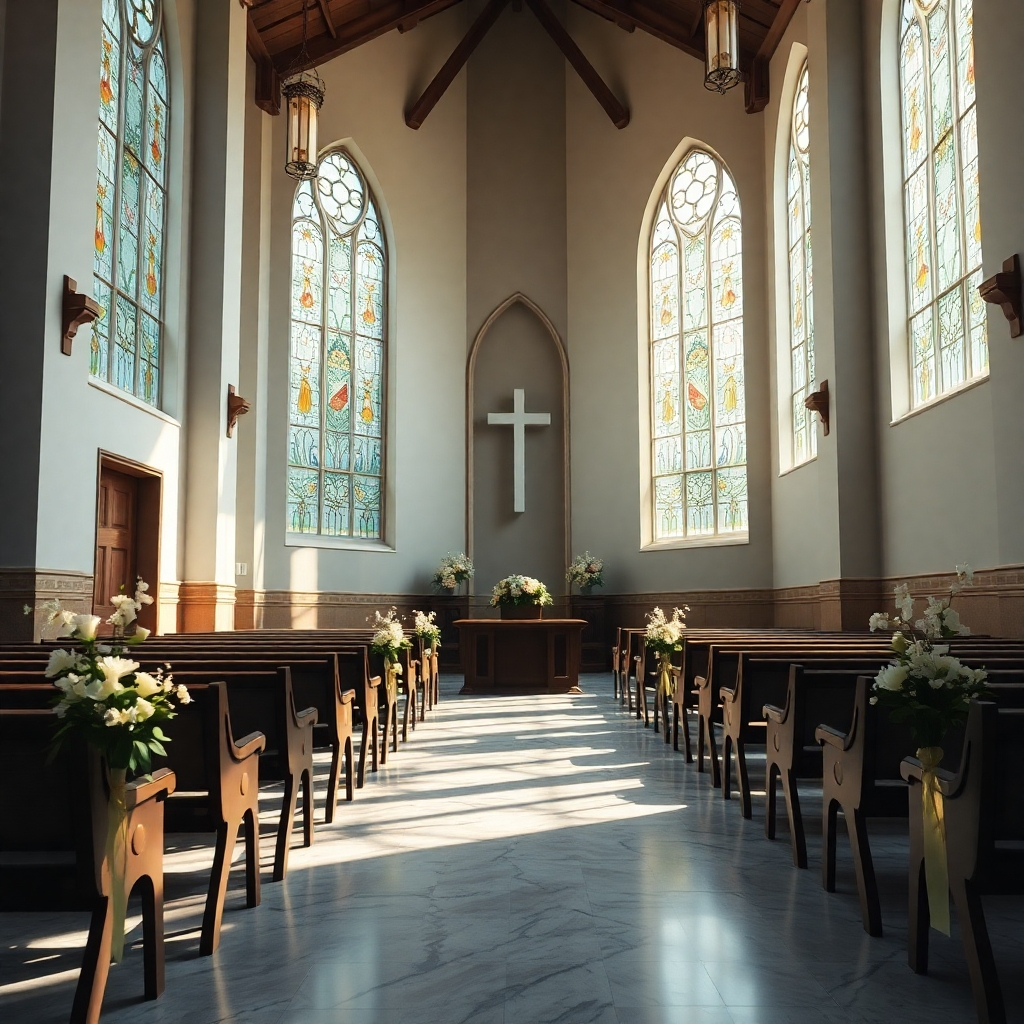 A photorealistic image showcasing a peaceful and serene chapel interior.  The image should focus on details that evoke tranquility such as soft natural light filtering through stained-glass windows, tasteful floral arrangements, comfortable seating, and subtle, elegant architectural elements. The overall mood should be one of calm reflection and quiet remembrance. Pay close attention to light and shadow, achieving a high level of realism and detail.