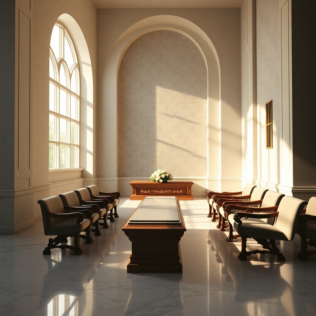 Generate a photorealistic, ultra-high quality 8K resolution image for a funeral home header.  The image should depict a serene and comforting scene, emphasizing emotional connection and peace.  The composition should feature a gently lit, modern yet traditional chapel interior, partially visible through large arched windows.  Sunlight streams through the windows, casting soft shadows on polished marble floors.  The color palette should be muted and elegant, with soft creams, greys, and subtle gold accents.  The mood should be one of quiet dignity and peaceful remembrance. The camera angle should be a slightly elevated wide shot, capturing the chapel's grandeur and inviting atmosphere.  Textures should be highly detailed: the smooth, cool surface of the marble, the soft velvet of seating, the intricate carvings on wooden elements.  Include subtle background details such as a tasteful floral arrangement near a simple, yet elegant, casket.  The overall style should evoke a feeling of timeless grace and sophistication, similar to the work of Steve McCurry or Annie Leibovitz in their portrait style but applied to this setting.   The image needs to be hyperrealistic, focusing on light and shadow play to emphasize the serenity of the scene.  Avoid any overtly morbid imagery; instead, focus on the peaceful transition and the support offered by Funeraria Paz Integral., ultra high resolution, photorealistic, 8K, hyperdetailed, cinematic lighting