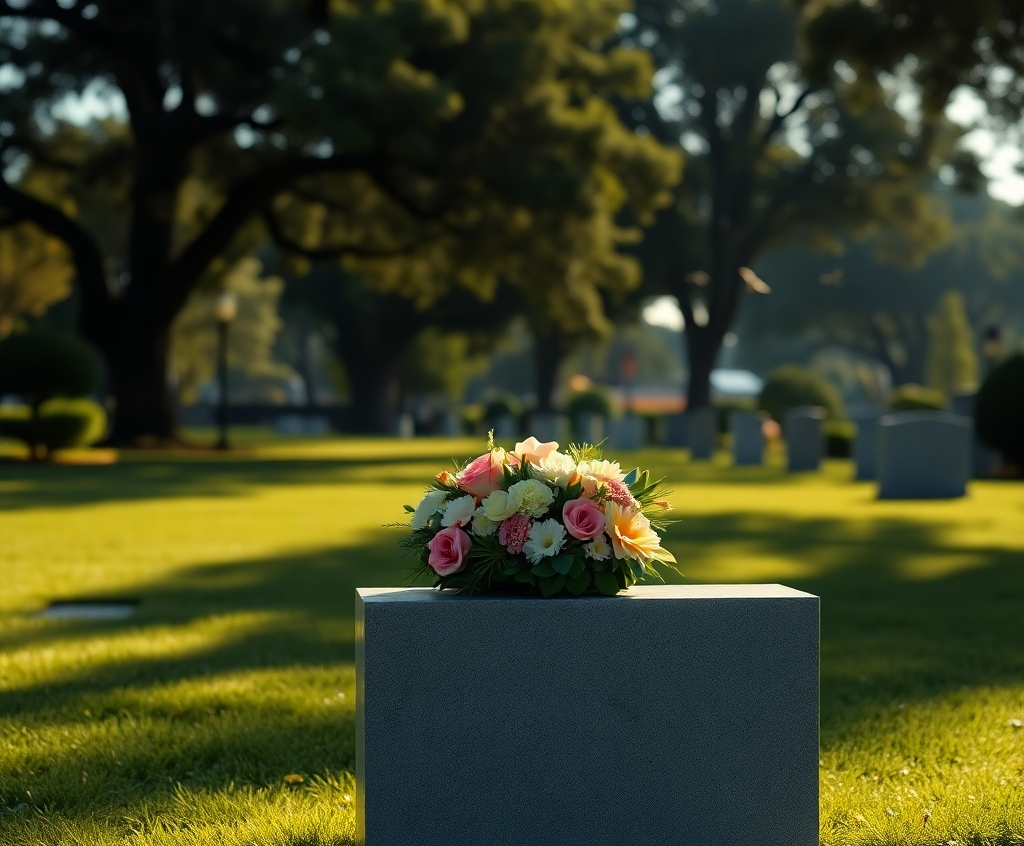 Photorealistic image, 8K resolution, hyperrealistic detail. Dramatic side lighting accentuates a peaceful cemetery scene. Color palette: subdued earth tones, grays, and greens. Camera angle:  a slightly low angle, focusing on a freshly placed floral arrangement on a simple, elegant headstone. Texture details: smooth, polished granite headstone, soft petals of various flowers in the arrangement. Background includes neatly kept lawns, mature trees casting shadows, and a serene, quiet atmosphere. Include a meticulously maintained cemetery with well-kept grounds, suggesting care and respect. Environmental elements: gentle breeze, dappled sunlight, birds in the distance. Style reference: similar to the work of Steve McCurry. The image should convey dignity, respect, and a sense of lasting peace. The logo of Funeraria Paz Integral should be subtly incorporated into a background element, not overshadowing the main focus.