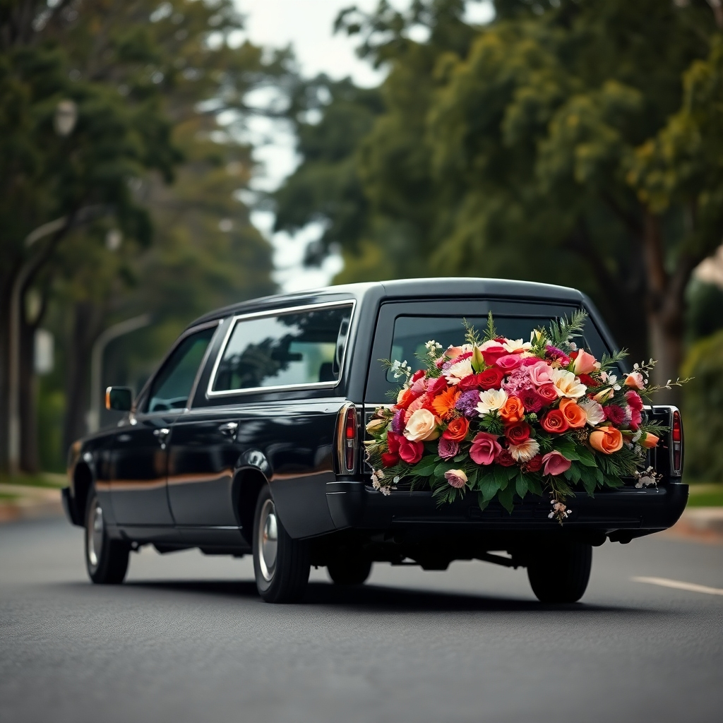 Photorealistic image, 8K resolution, hyperrealistic detail. Soft, natural lighting illuminates a hearse and a beautiful floral arrangement. Color palette: gentle pastel tones with accents of deep jewel tones in the flowers. Camera angle: slightly elevated view, showing a respectful hearse and a lush, vibrant floral arrangement designed by a professional florist. Textures: The hearse should appear classic and elegant, reflecting a deep, rich black tone. The flowers should be shown with their varying textures and delicate details. Background details: a quiet, residential street with mature trees. Include a high-quality, custom floral arrangement, carefully constructed to convey love and remembrance, placed delicately near the hearse. Environmental elements: a lightly overcast day, suggesting tranquility and calm. Style reference: similar to the work of renowned still-life photographers. Focus on details and texture. The image needs to project compassion, care, and beautiful remembrance.  Subtly include the Funeraria Paz Integral logo on the hearse in an unobtrusive manner.