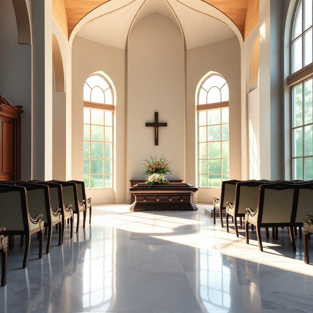 Generate a photorealistic, ultra-high quality 8K resolution image for a funeral home header.  The image should depict a serene and comforting scene, emphasizing emotional connection and peace.  The composition should feature a gently lit, modern yet traditional chapel interior, partially visible through large arched windows.  Sunlight streams through the windows, casting soft shadows on polished marble floors.  The color palette should be muted and elegant, with soft creams, greys, and subtle gold accents.  The mood should be one of quiet dignity and peaceful remembrance. The camera angle should be a slightly elevated wide shot, capturing the chapel's grandeur and inviting atmosphere.  Textures should be highly detailed: the smooth, cool surface of the marble, the soft velvet of seating, the intricate carvings on wooden elements.  Include subtle background details such as a tasteful floral arrangement near a simple, yet elegant, casket.  The overall style should evoke a feeling of timeless grace and sophistication, similar to the work of Steve McCurry or Annie Leibovitz in their portrait style but applied to this setting.   The image needs to be hyperrealistic, focusing on light and shadow play to emphasize the serenity of the scene.  Avoid any overtly morbid imagery; instead, focus on the peaceful transition and the support offered by Funeraria Paz Integral., ultra high resolution, photorealistic, 8K, hyperdetailed, cinematic lighting